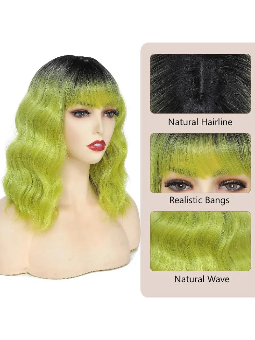 Women's Ombre Green 14 Inch Heat Resistant Short Wavy Hair Pastel Bob Wig Bangs